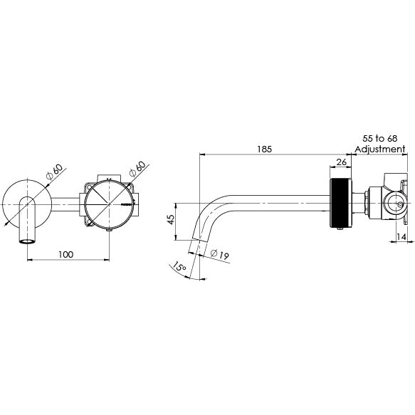 Phoenix Axia Wall Basin / Bath Curved Outlet Mixer Set 180mm Brushed Nickel Lead Free