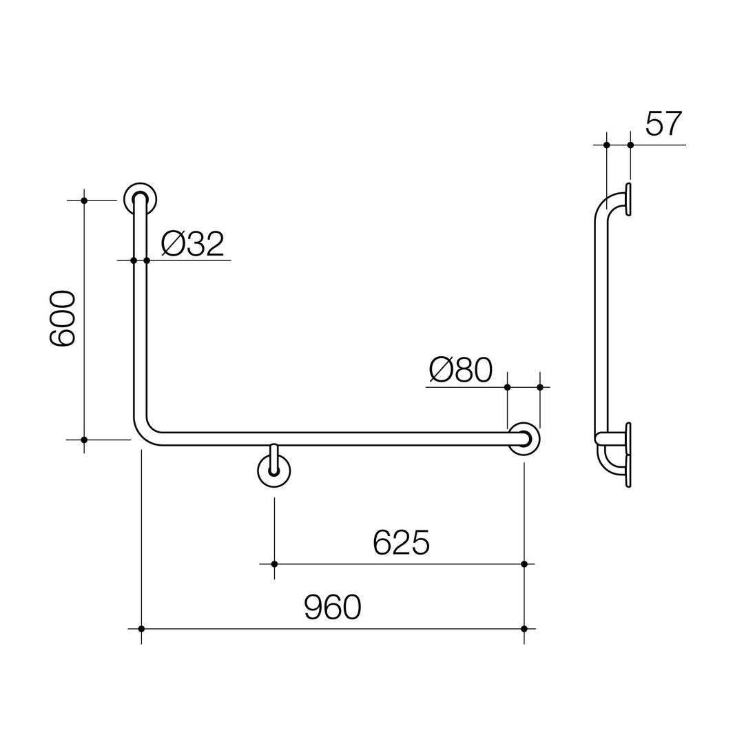 Caroma Care Support Grab Rail 90 Degree 960X600 Right Hand Brushed Nickel