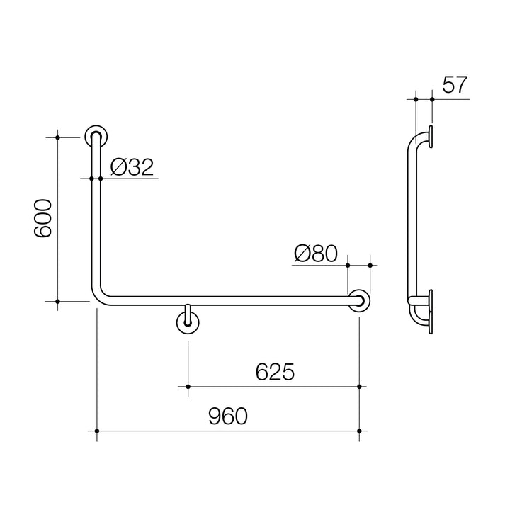 Caroma Care Support Grab Rail 90 Degree 960X600 Right Hand Brushed Nickel