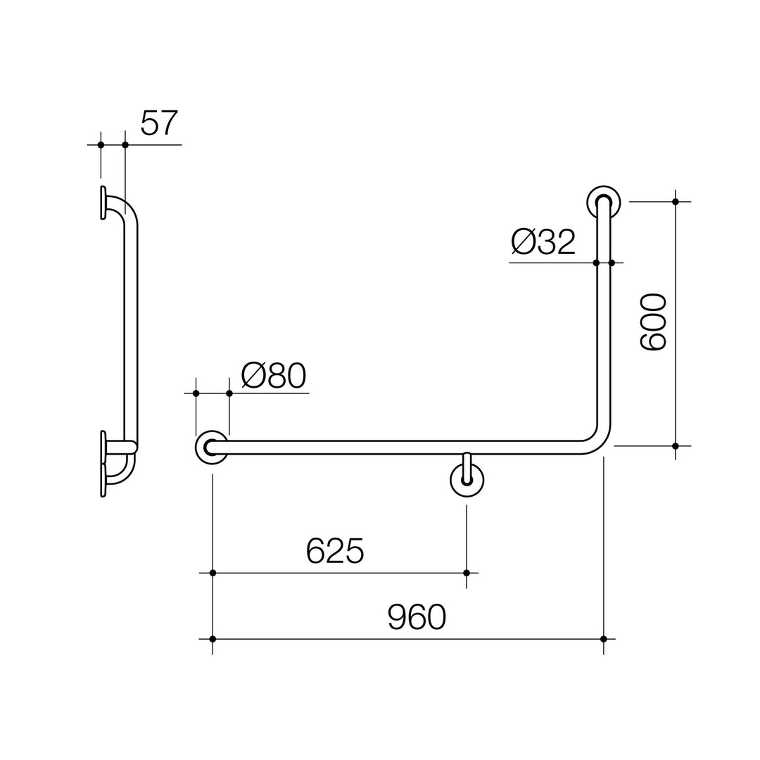 Caroma Care Support Grab Rail 90 Degree 960X600 Left Hand Brushed Nickel