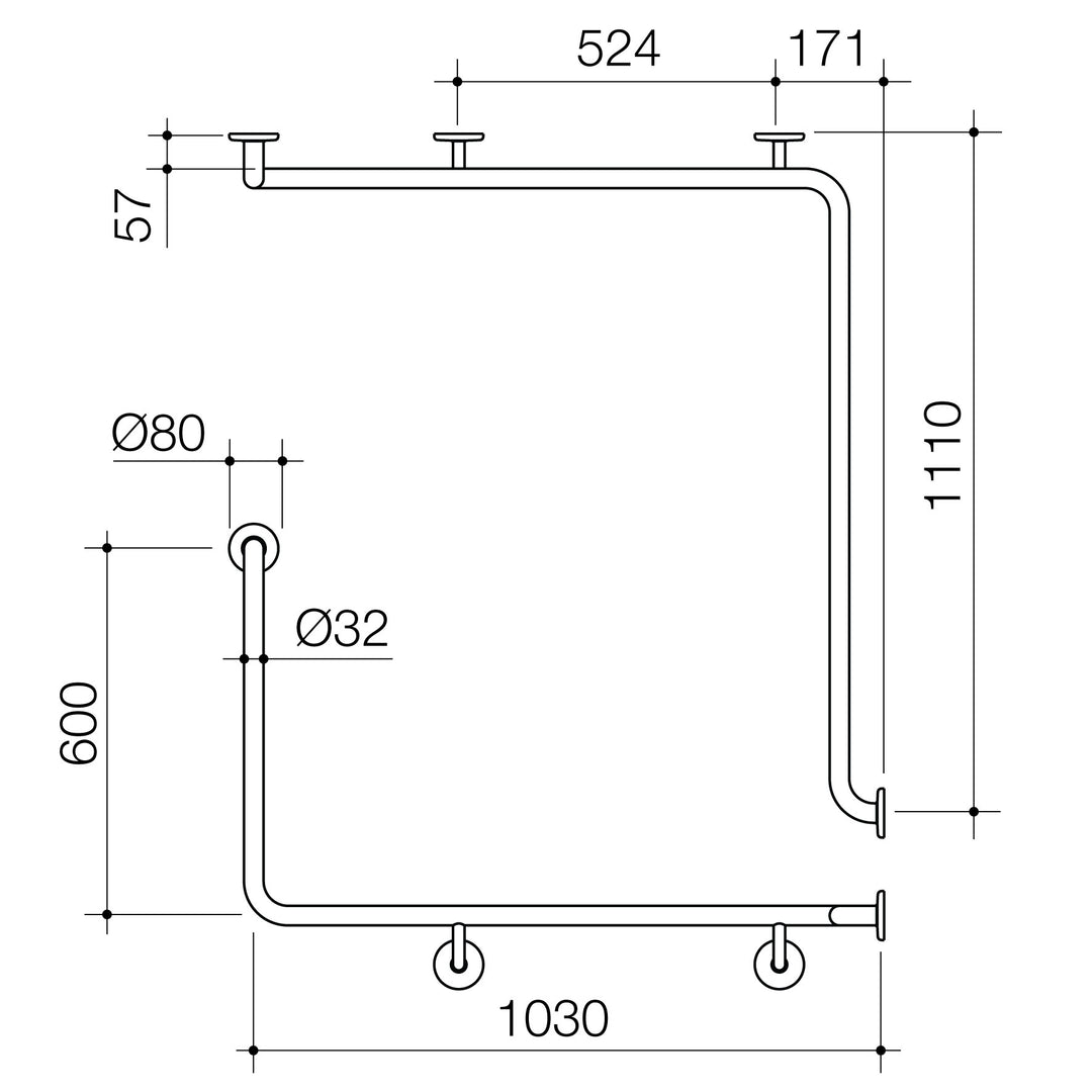 Caroma Care Support Grab Rail 90 Degree Angled 1110X1030X600 Right Hand Brushed Nickel