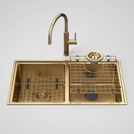 Caroma Urbane II Double Bowl Sink with Liano II 96379BB56A Sink Mixer - Brushed Brass