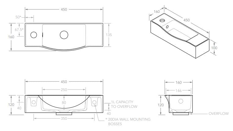 ADP Halo Wall Basin Wall Basins Gloss White Left Tap Hole