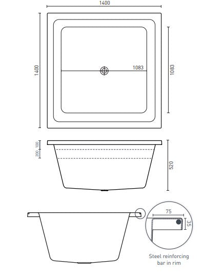 Decina Venice 1400 Island Square Bath - White
