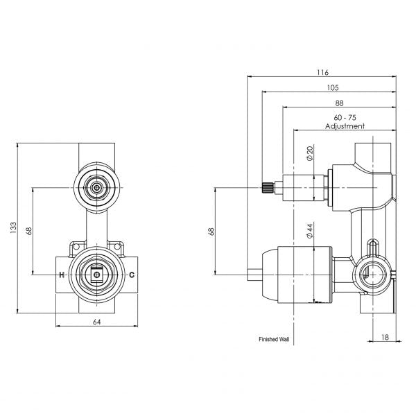 Phoenix Builders Shower / Bath Diverter Mixer Body Only Brushed Nickel