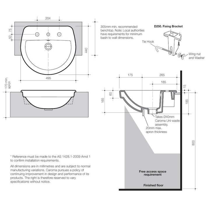 Caroma Cosmo Semi Recessed Basin 1TH