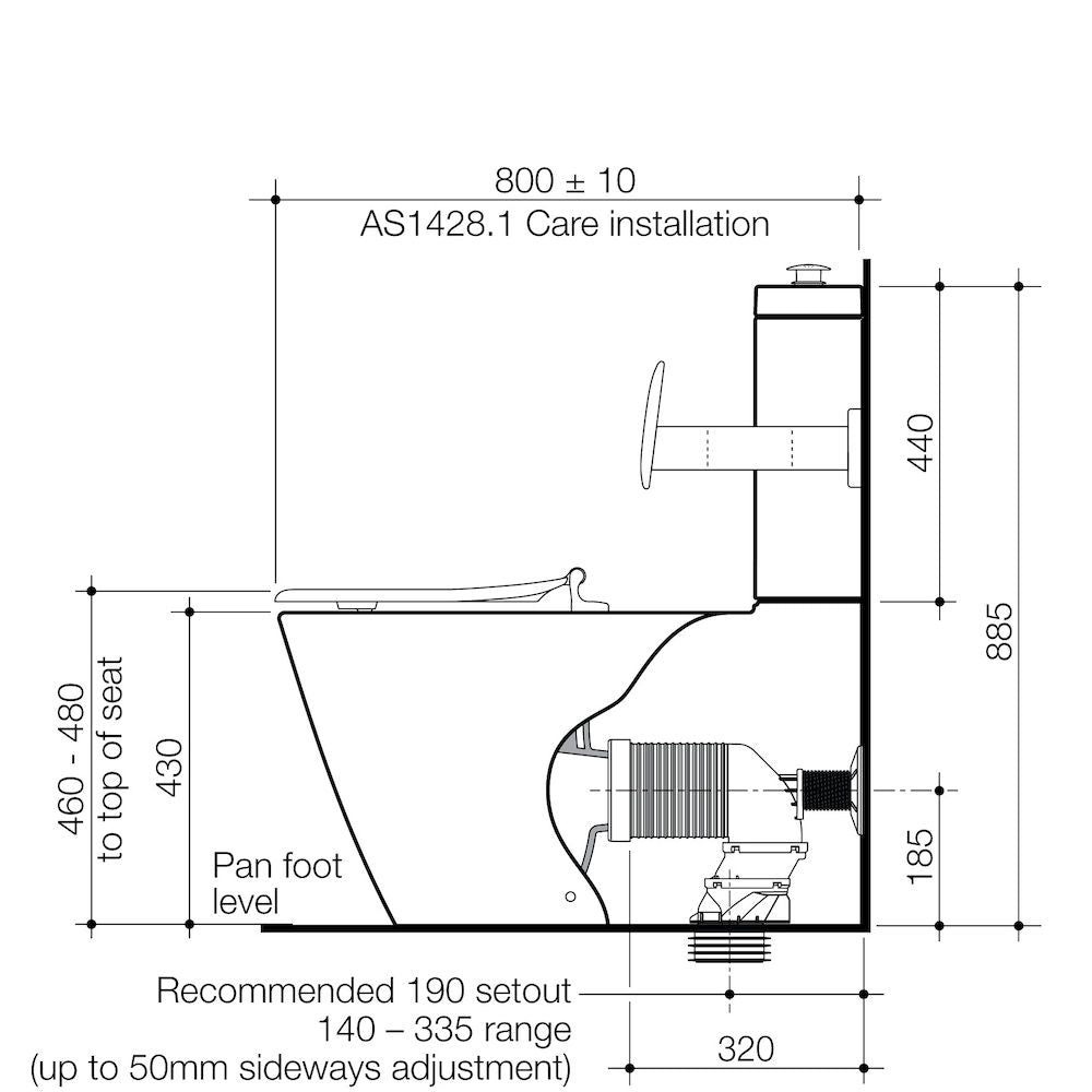Caroma Care 800 Cleanflush® Wall Faced Suite with Backrest and Pedigree II Care Single Flap Seat - White (with GermGard®)