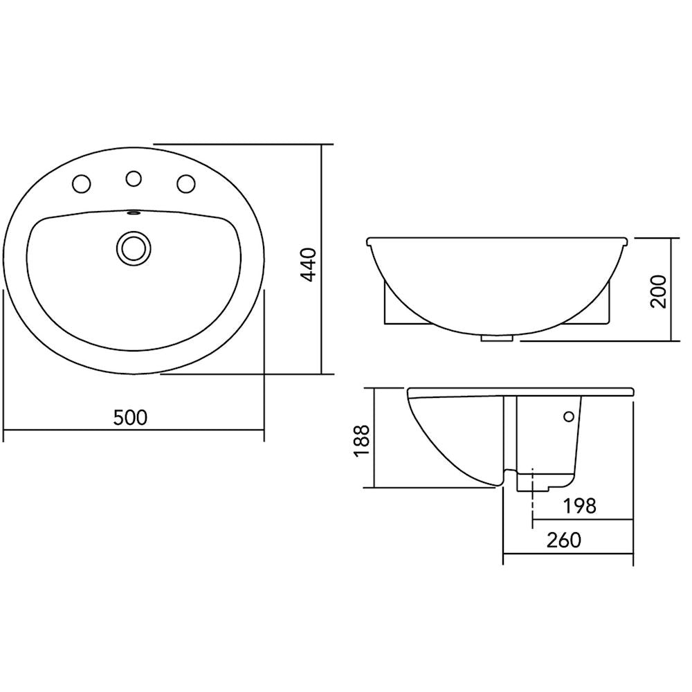 Stylus Venecia Semi-Recessed Vanity Basin - 3TH