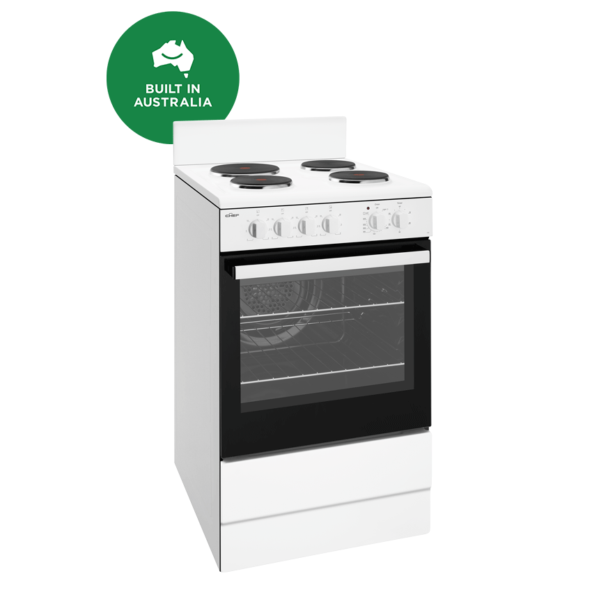 Chef CFE536WB 54 cm Freestanding Electric Cooker Fanforced Oven & Solid Elements Built In Australia