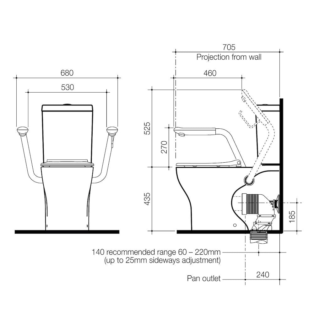 Caroma Opal Cleanflush Easy Height Wall Faced Close Coupled Suite with Double Flap Seat Black and Armrest