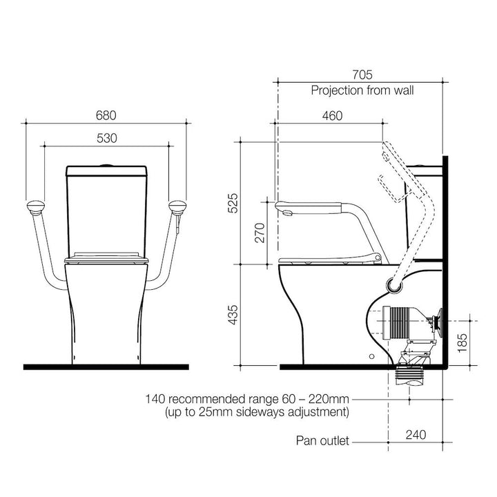 Caroma Opal Cleanflush Easy Height Wall Faced Close Coupled Suite with Double Flap Seat Black and Armrest