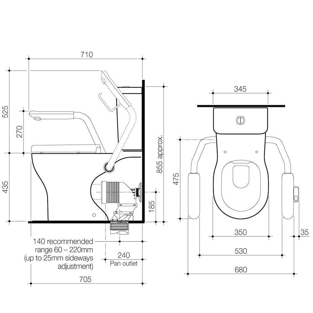 Caroma Opal Cleanflush Easy Height Wall Faced Close Coupled Suite with Double Flap Seat and Nurse Call Armrest Left