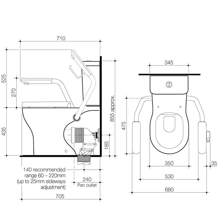 Caroma Opal Cleanflush Easy Height Wall Faced Close Coupled Suite with Double Flap Seat and Nurse Call Armrest Left