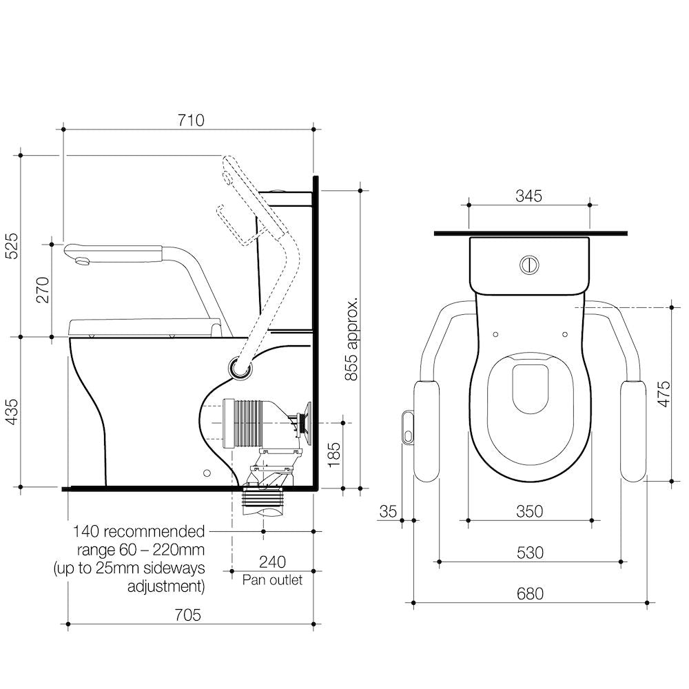 Caroma Opal Cleanflush Easy Height Wall Faced Close Coupled Suite with Double Flap Seat and Nurse Call Armrest Right