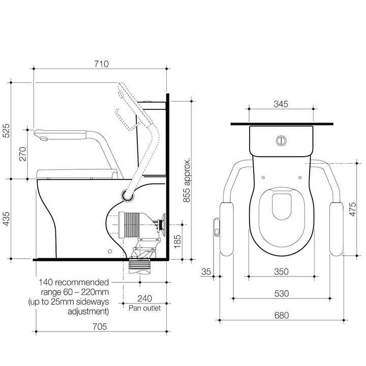Caroma Opal Cleanflush Easy Height Wall Faced Close Coupled Suite with Double Flap Seat and Nurse Call Armrest Right