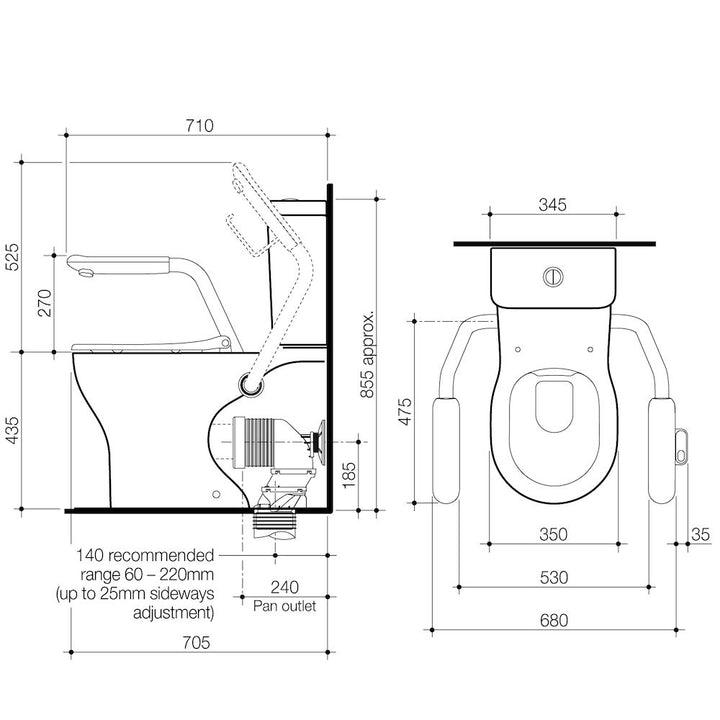 Caroma Opal Cleanflush Easy Height Wall Faced Close Coupled Suite with Double Flap Seat and Nurse Call Armrest Left
