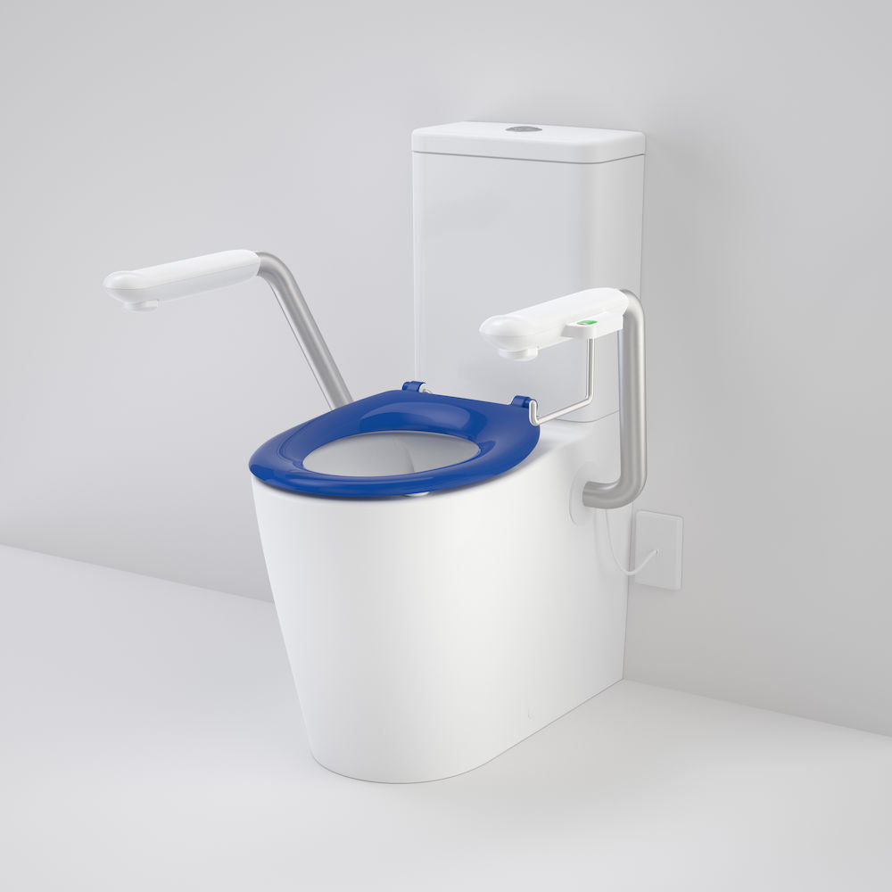 Caroma Care 660 Cleanflush Wall Faced Close Coupled Easy Height BE Suite with Nurse Call Armrest Left and Caravelle Single Flap Seat Sorrento Blue - with GERMGARD®