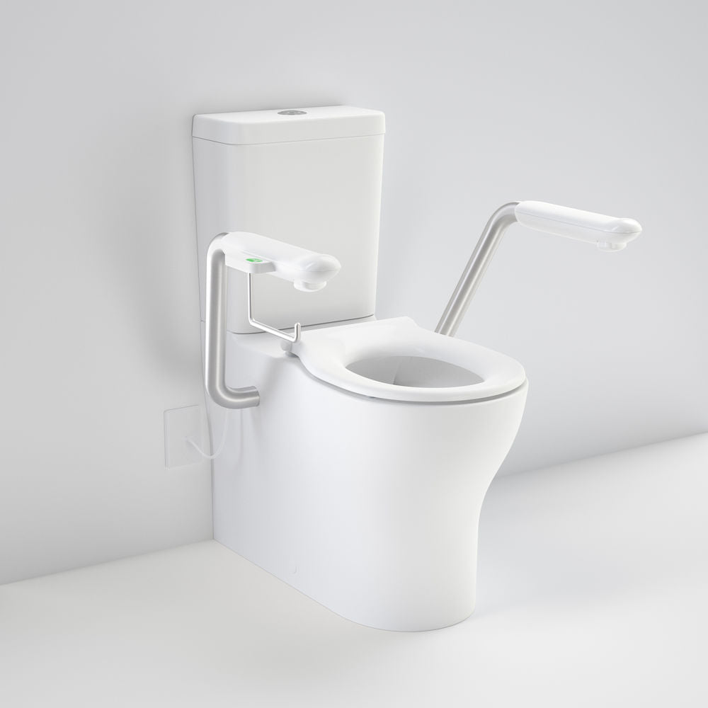 Caroma Opal Cleanflush Easy Height Wall Faced Close Coupled Suite with Single Flap Seat Black and Nurse Call Armrest Right