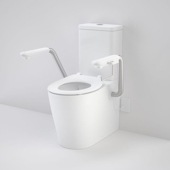 Caroma Care 660 Cleanflush Wall Faced Close Coupled Easy Height BE Suite with Nurse Call Armrests Left and Caravelle Single Flap Seat White - with GERMGARD®