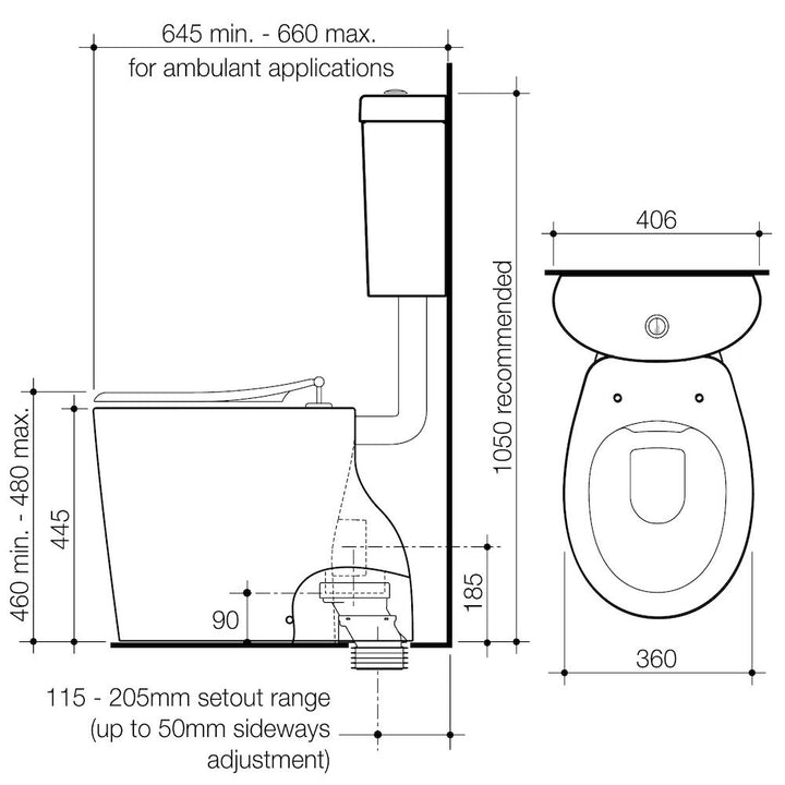 Caroma Care 610 Cleanflush Connector S Trap Suite with Caravelle Single Flap Seat Anthracite Grey