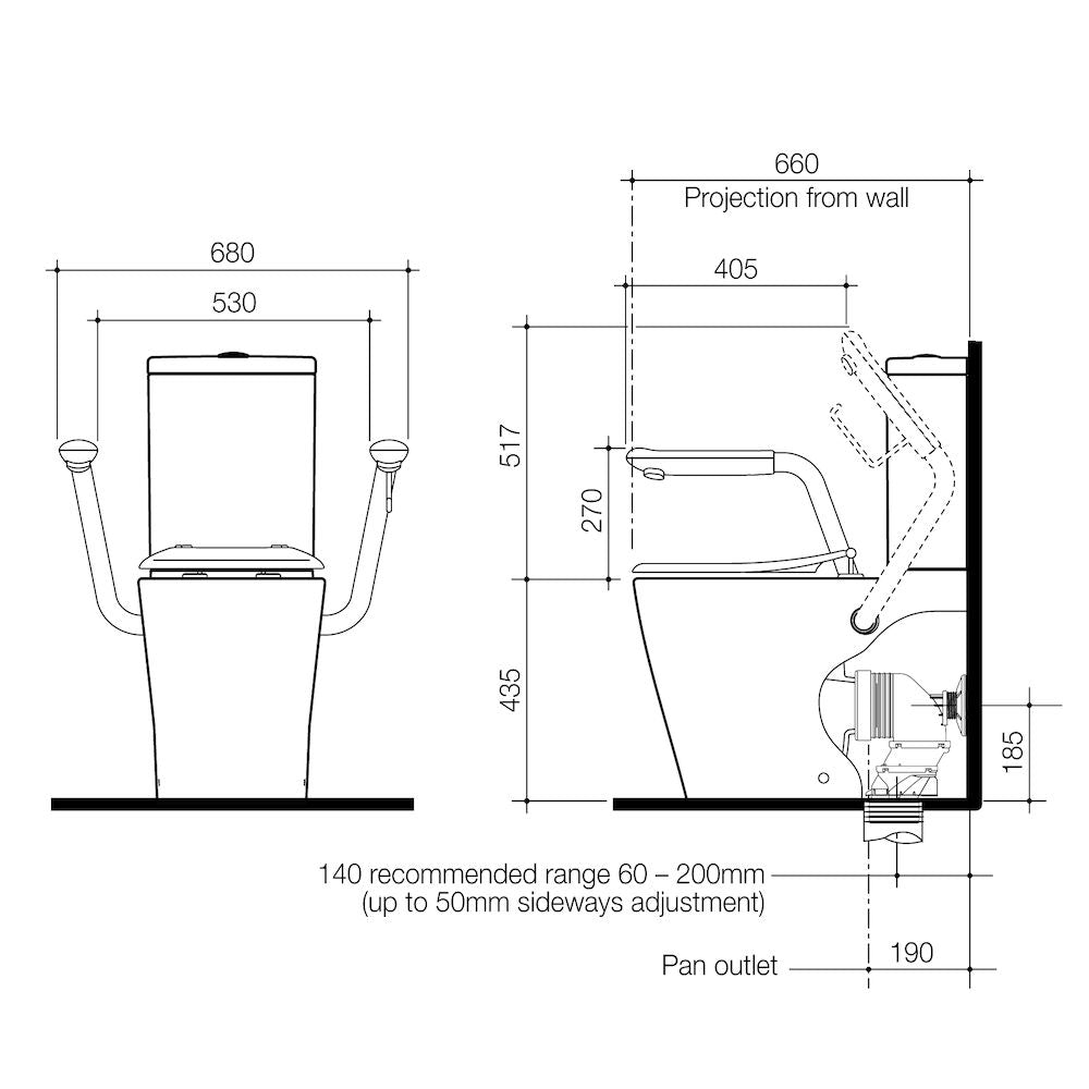 Caroma Care 660 Cleanflush Wall Faced Close Coupled Easy Height BI Suite with Armrests and Caravelle Single Flap Seat White