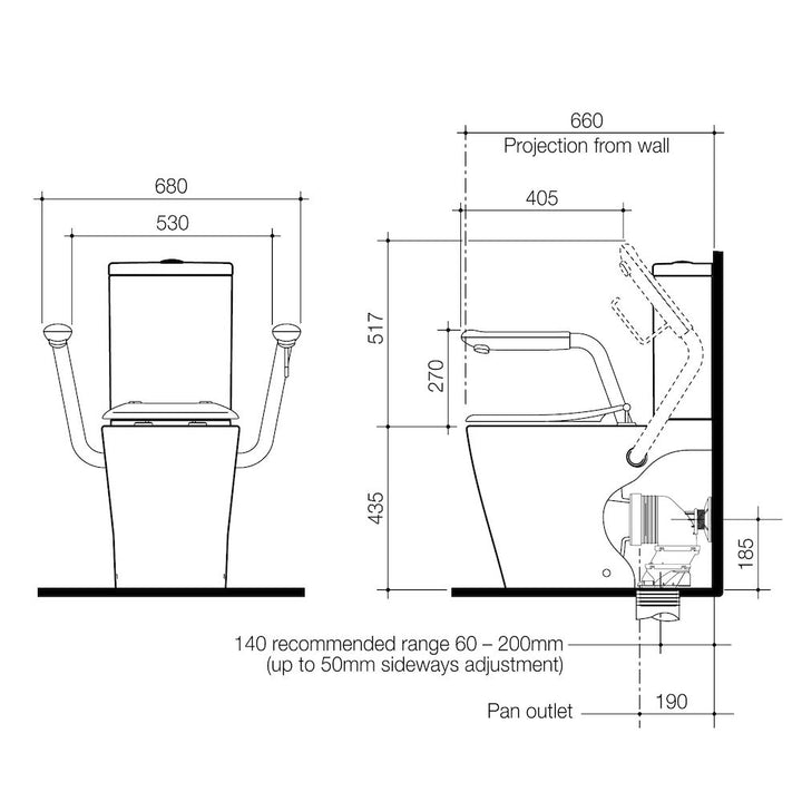 Caroma Care 660 Cleanflush Wall Faced Close Coupled Easy Height BI Suite with Armrests and Caravelle Single Flap Seat White
