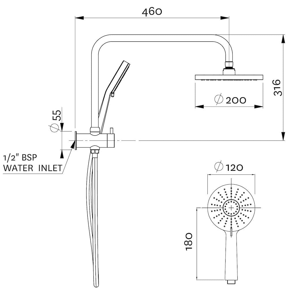 Methven KROME SHORT SHOWER SYSTEM AIRSTREAM 3 FUNCTION MATTE BLACK