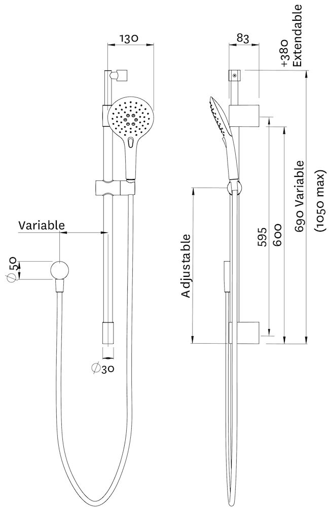 Methven EASY-CLICK RAIL SHOWER AIRSTREAM TELESCOPIC 3F CHROME