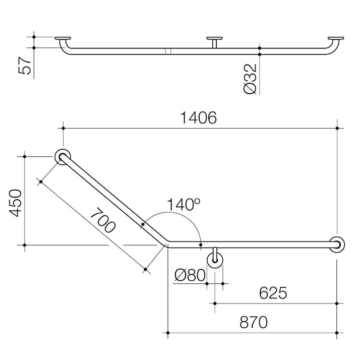 Caroma Care Support Grab Rail - 140 Degree Angled 870x700 RH - Stainless Steel