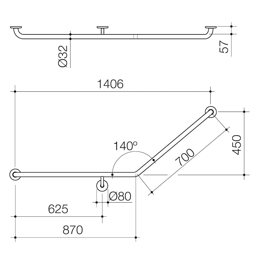 Caroma Care Support Grab Rail - 140 Degree Angled 870x700 LH - Stainless Steel