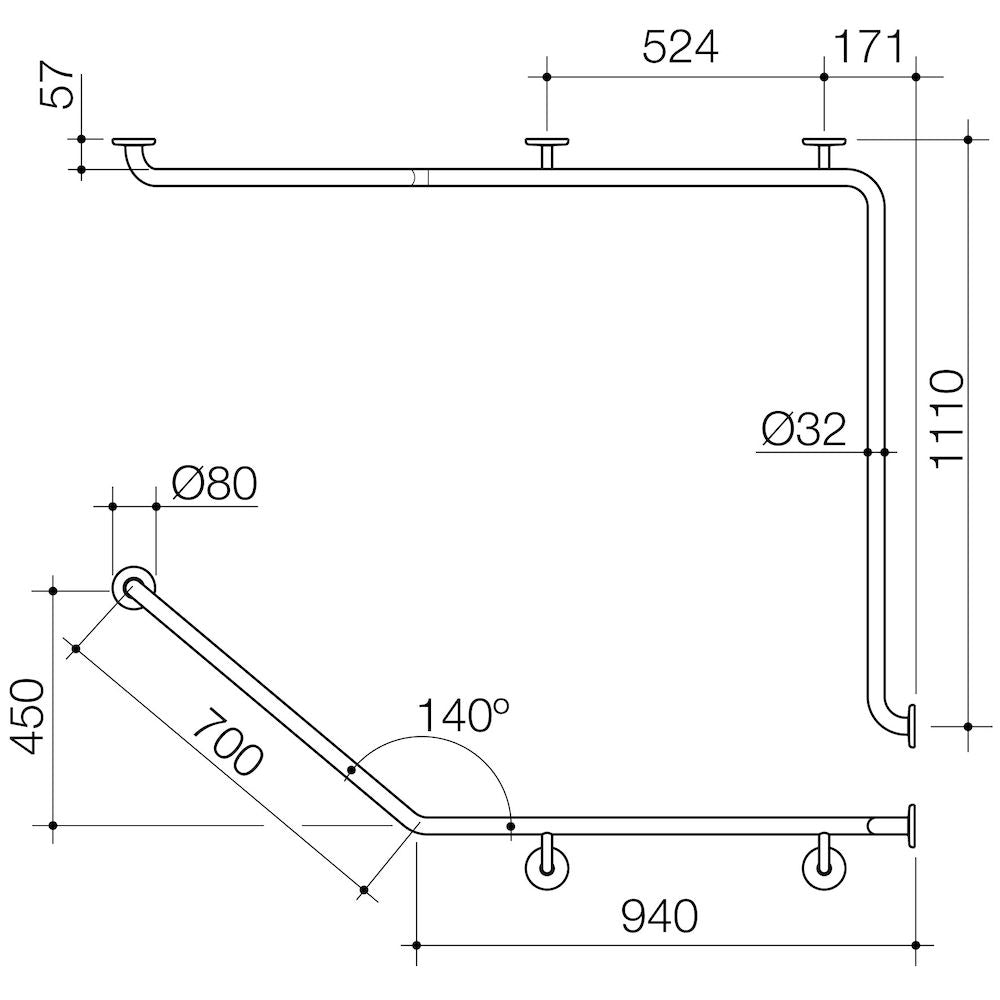 Caroma Care Support Grab Rail - 140 Degree Angled 1110x940x700 RH - Stainless Steel