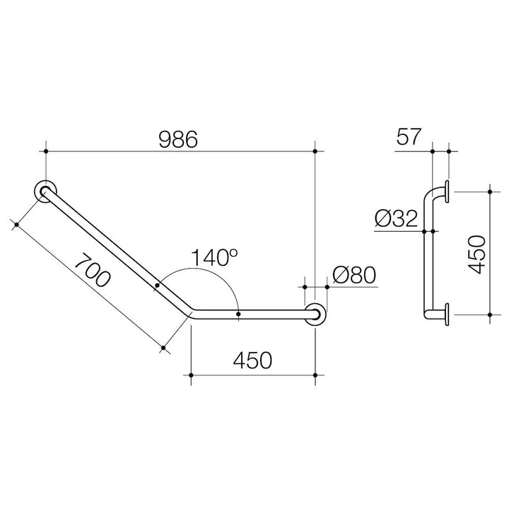 Caroma Care Support Grab Rail - 140 Degree Angled 450x700 RH - Stainless Steel