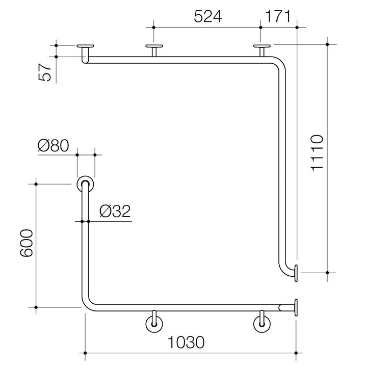Caroma Care Support Grab Rail - 90 Degree Angled 1110x1030x600 RH - Stainless Steel