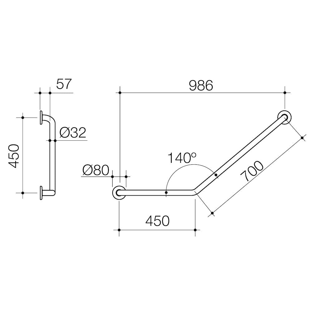 Caroma Care Support Grab Rail - 140 Degree Angled 450x700 LH - Stainless Steel