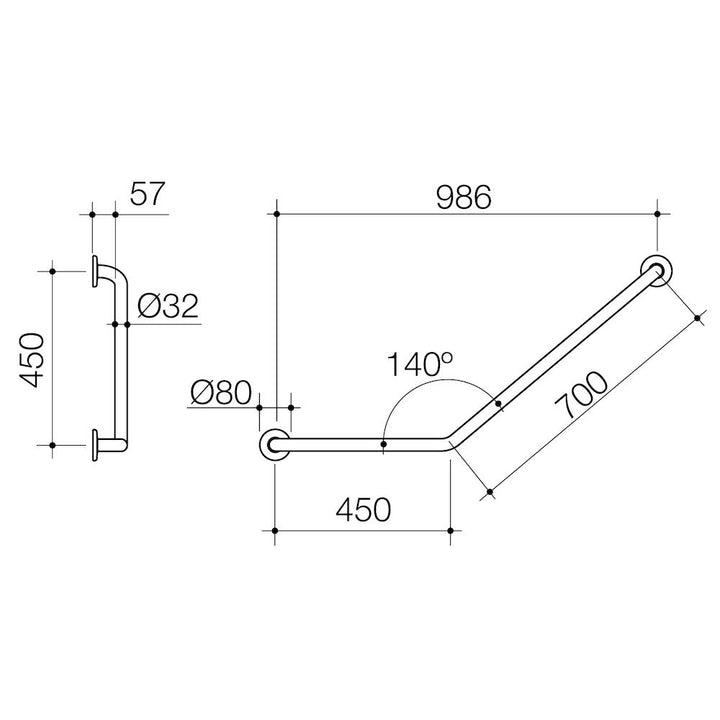 Caroma Care Support Grab Rail - 140 Degree Angled 450x700 LH - Stainless Steel