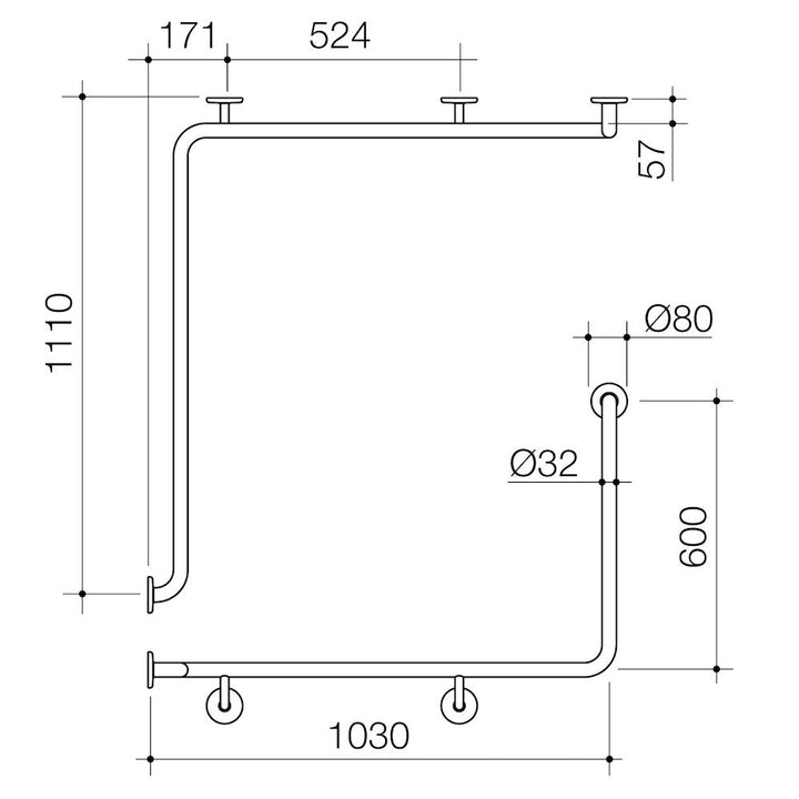 Caroma Care Support Grab Rail - 90 Degree Angled 1110x1030x600 LH - Stainless Steel