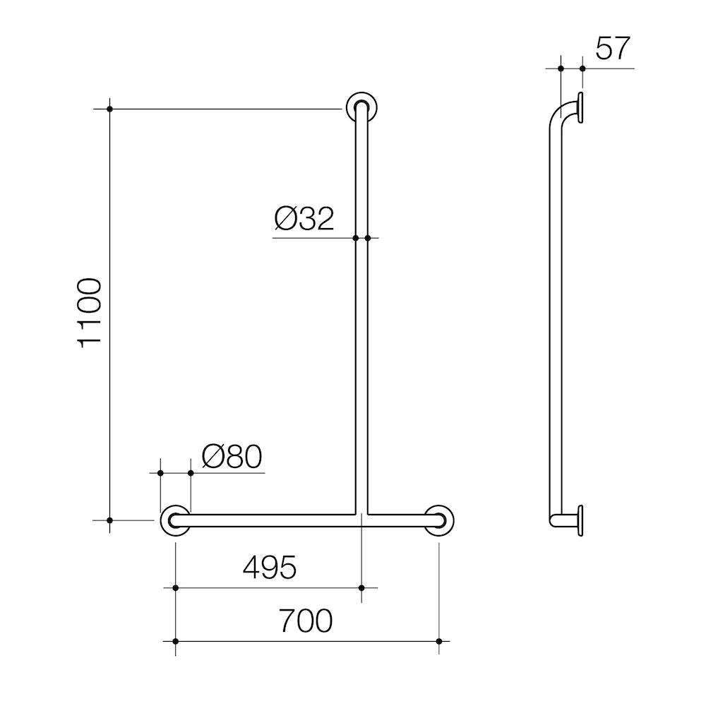 Caroma Care Support Grab Rail - 1100x700 LH T-Bar - Stainless Steel