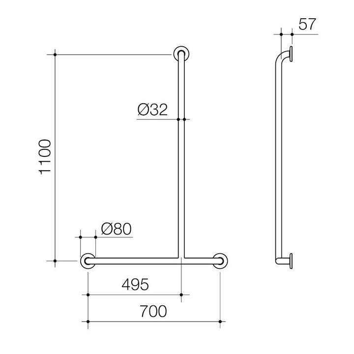 Caroma Care Support Grab Rail - 1100x700 LH T-Bar - Stainless Steel