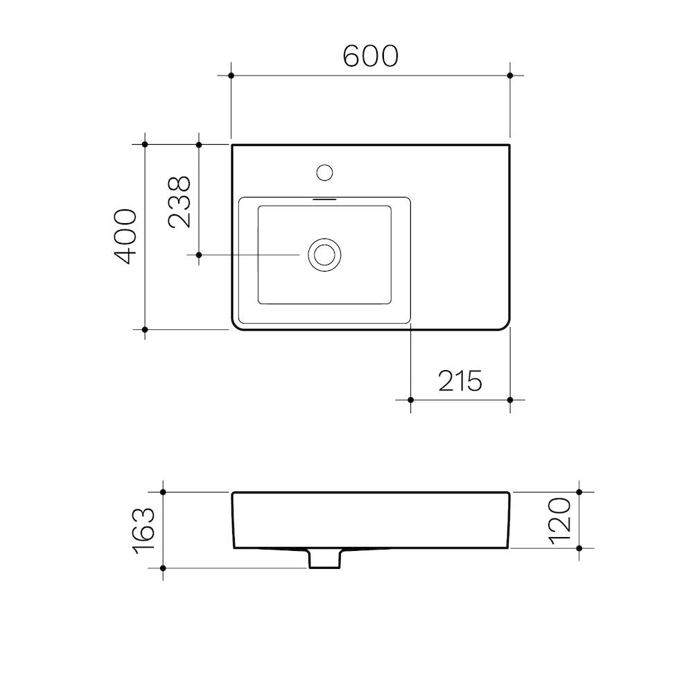 Clark Square Wall Basin Right Hand Shelf 600mm (1 Tap Hole)