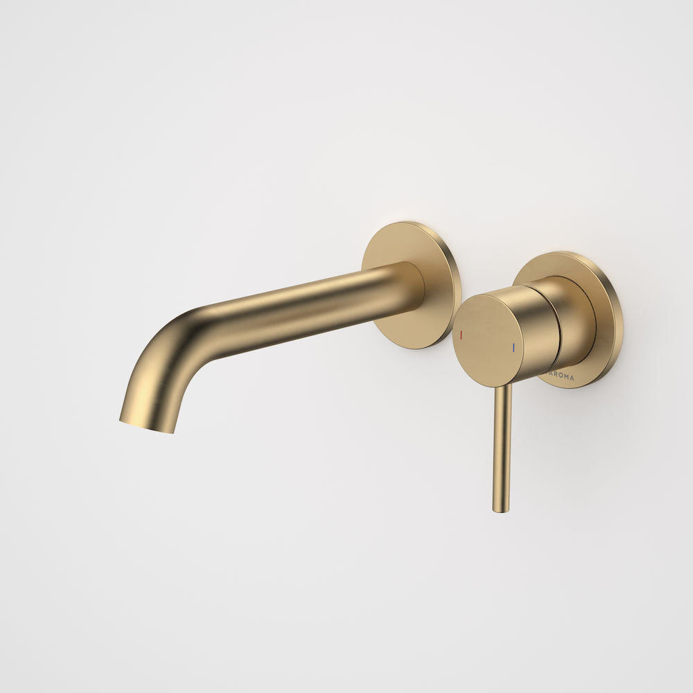 Caroma Liano II 175mm Wall Basin / Bath Mixer - 2 x Round Cover Plates - Brushed Brass - Sales Kit