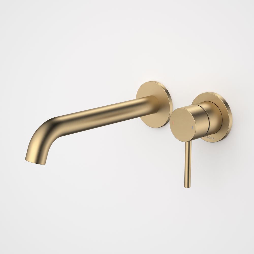 Caroma Liano II 210mm Wall Basin / Bath Mixer - 2 x Round Cover Plates - Brushed Brass - Sales Kit