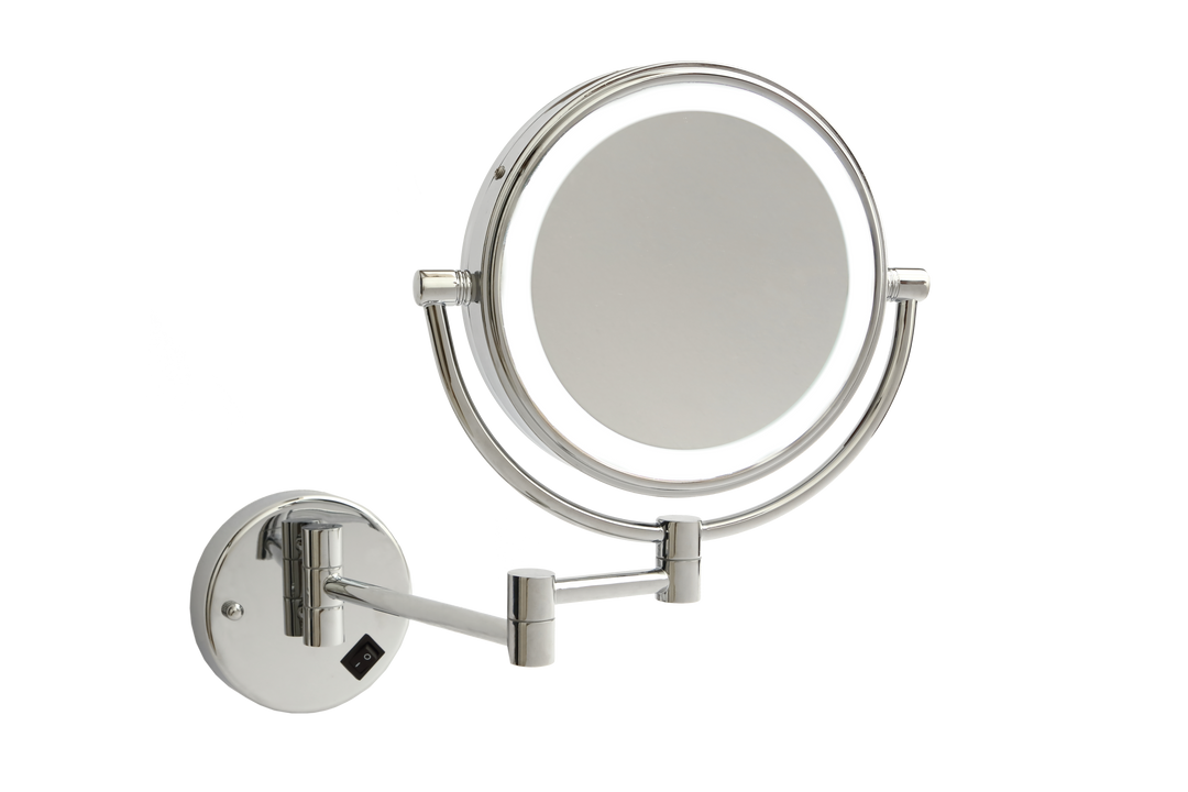 1 & 8x Magnification Chrome Wall Mounted Shaving Mirror, 200mm Diameter with Exposed Wiring