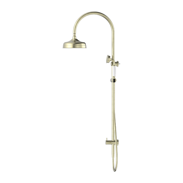 Nero York Twin Shower With White Porcelain Hand Shower Aged Brass Aged Brass