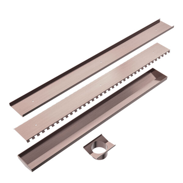 Nero 900mm Long Tile Insert V Channel Floor Grate 89mm Outlet With Hole Saw Brushed Bronze