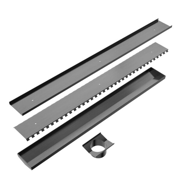 Nero 900mm Long  Tile Insert V Channel Floor Grate 89mm Outlet With Hole Saw Gun Metal