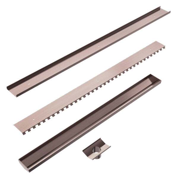 Nero 900mm Long Tile Insert V Channel Floor Grate 50mm Outlet With Hole Saw Brushed Bronze