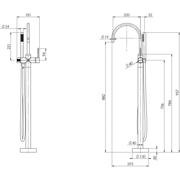 Phoenix Vivid Slimline Floor Mounted Bath Mixer with Hand Shower Brushed Nickel