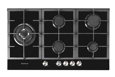 Artusi 90cm 5 Burner Gas Cooktop Black Glass