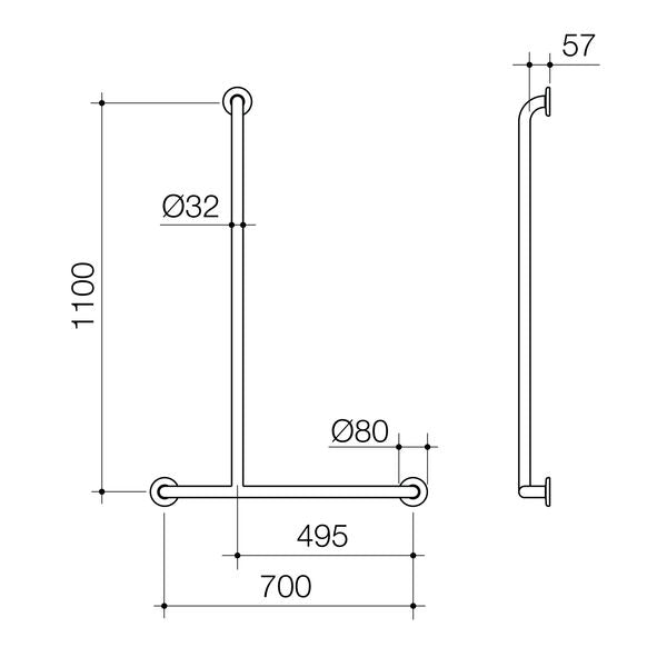 Caroma Care Support Grab Rail - 1100x700 LH T-Bar - Stainless Steel