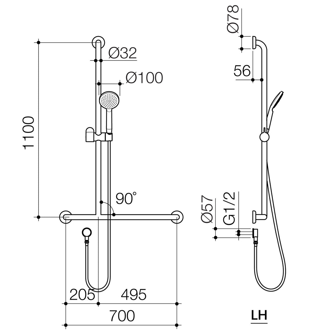 Caroma Care Support Shower Set with Inverted T Rail- Left Hand - Brushed Nickel